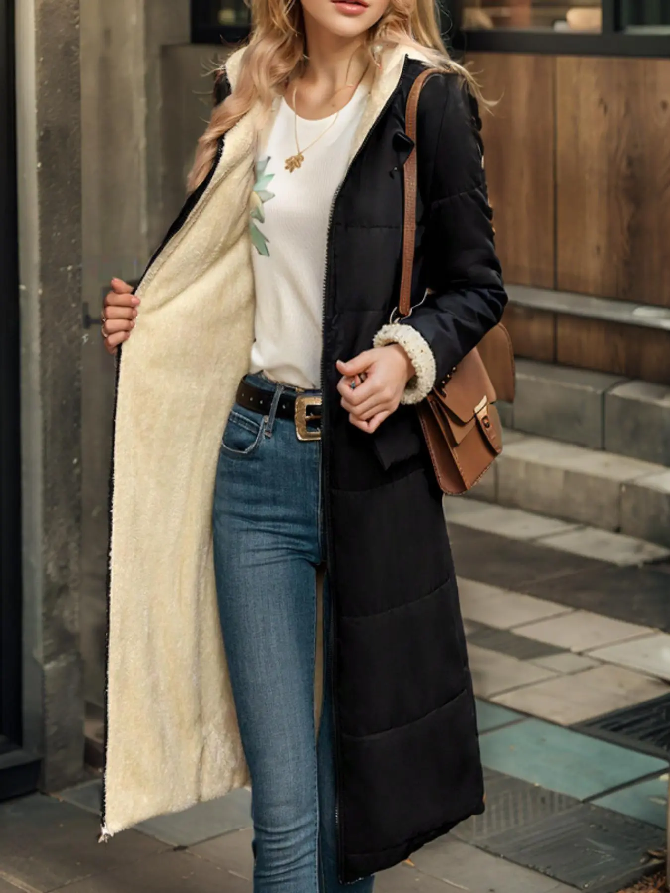 Women's Solid Color Long Sleeve Hooded Quilted Coat, Casual Zipper Warm Coat for Fall & Winter, Women's Clothing for Daily Wear