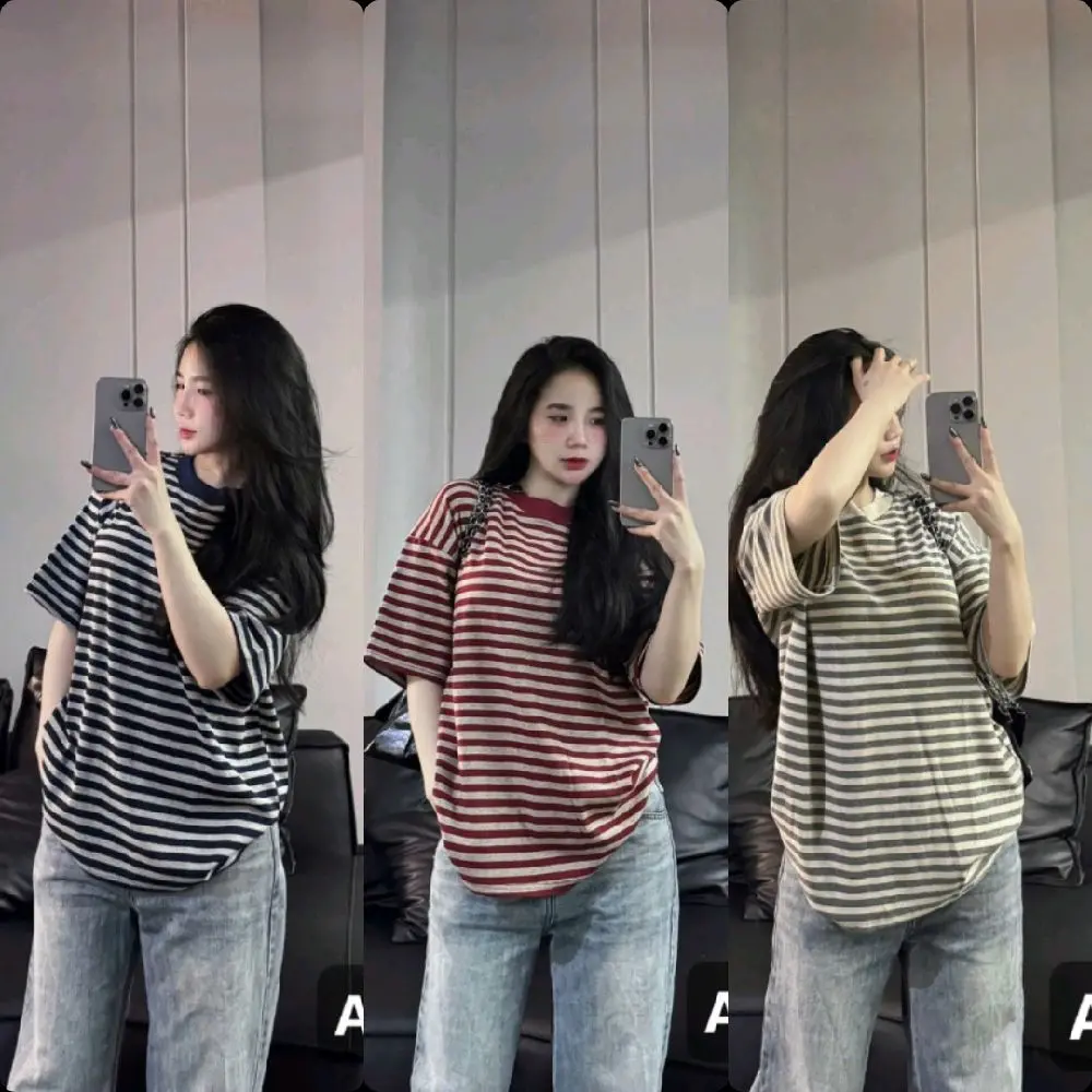 Áo thun cotton mềm(40-70kg) kẻ sọc form dáng rộng
