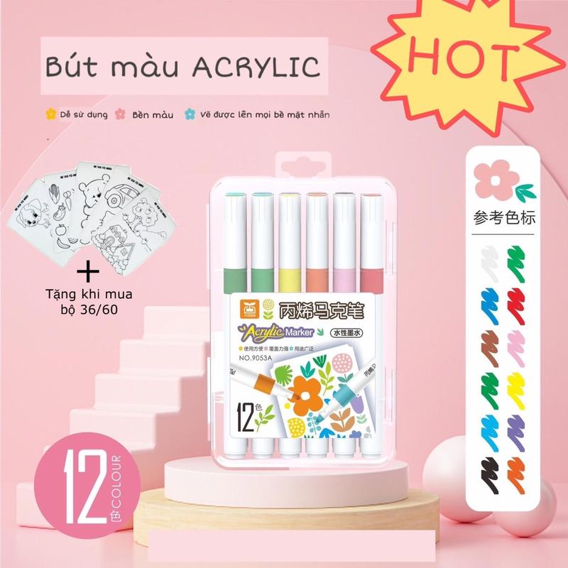 Set 60 Bút màu ACRYLIC Marker Bản Nâng Cấp Đầu Nhọn Không Bị Nhoè Có Thể Vẽ Lên Đồ Vật Nhẵn, lau được khi dính lên da