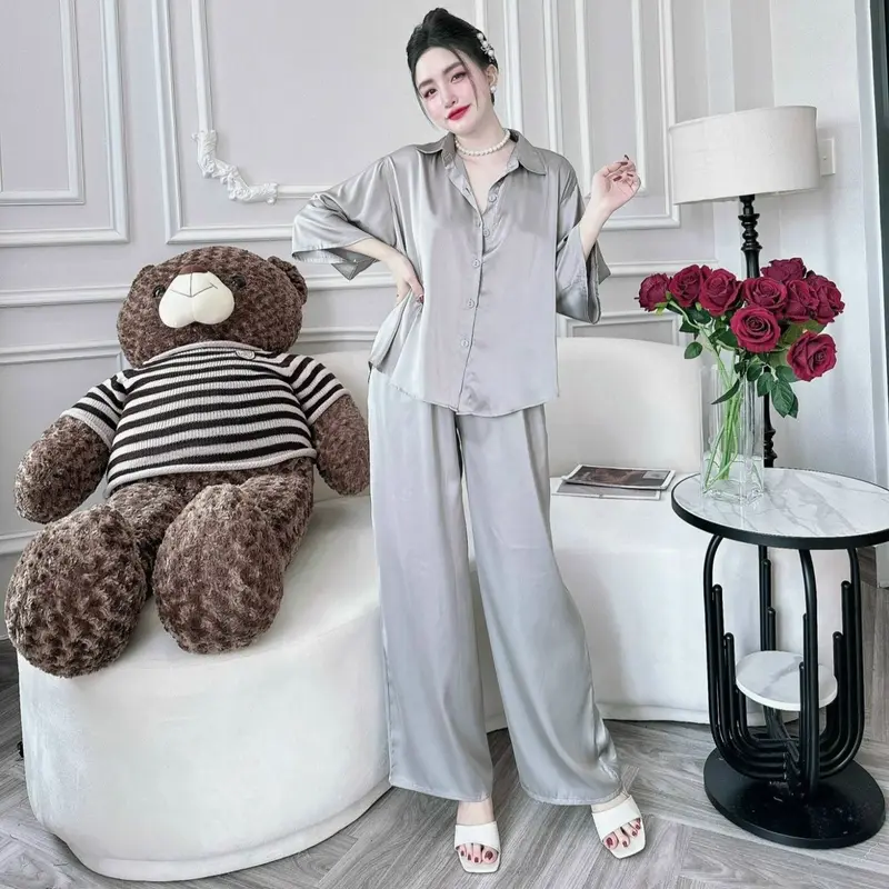 (45-70kg) Set Sơ Mi Lụa Latin Tay Lỡ Quần Dài Có Túi Nữ 3