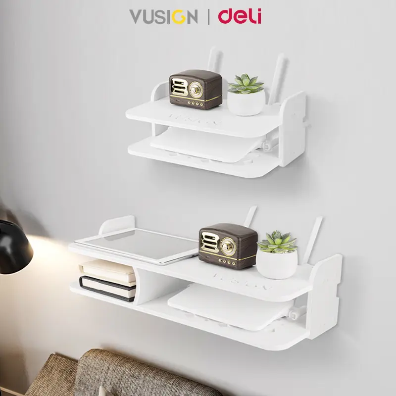 Deli 1 Set Router Holder Wall Wifi Holder Organizer  DVD Player Wall Hanging Rack Two Layer Storage Shelf Household Wood Installation
