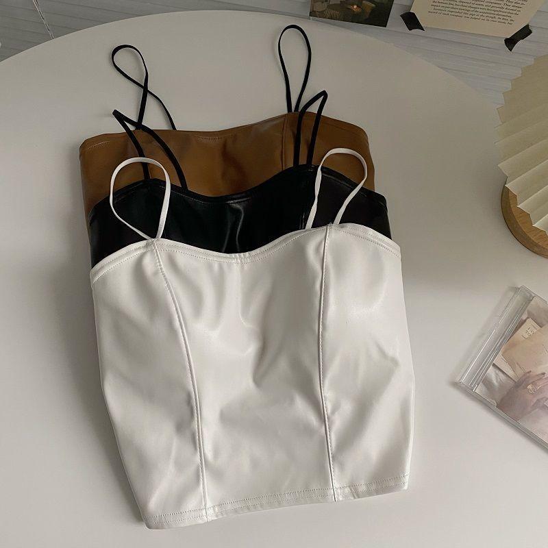 Product Introduction of European and American hot girl PU leather jacket, camisole, small vest, women's autumn outfit with chest cushion, short base shirt, top Lingerie Tube Lady Basic Minimalist Spaghetti Strap 15