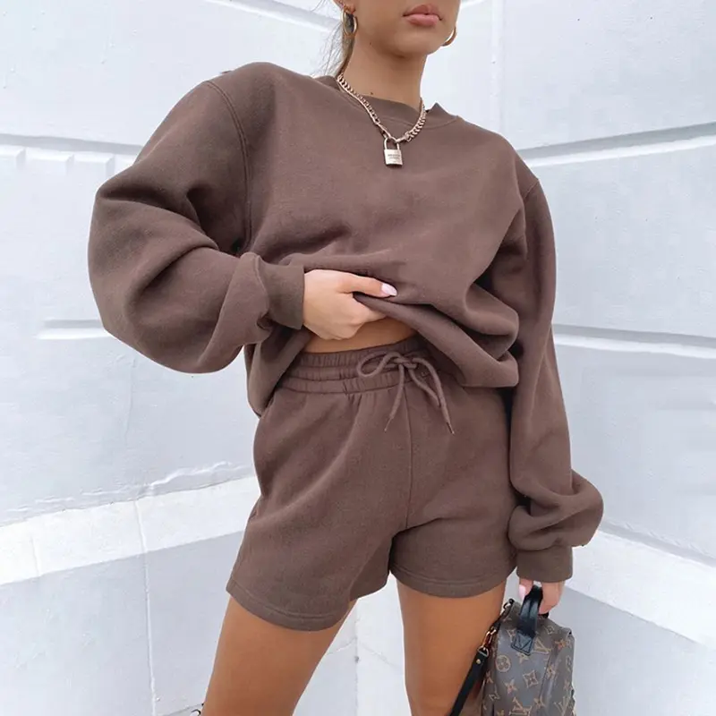 2025 Spring and Autumn Women's Clothing New Solid Color Loose-Fitting Versatile Casual round Neck Sweater Shorts Suit Womenswear Gamis Comfort Long Sleeve Basic Minimalist Yellow