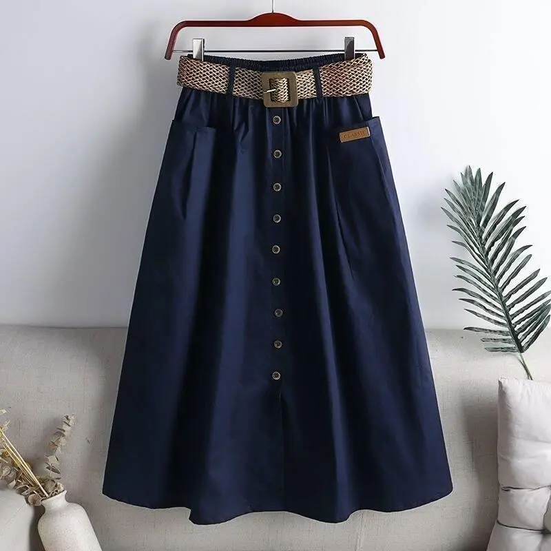 Chân Váy Dài Trung Bình Cho Nữ, Ngoại Cỡ, Cotton Phong Cách Hàn Quốc, Cạp Cao Co Giãn, Có Túi Lớn, Thiết Kế Xẻ Tà, Bó Sát, Chân Váy Xòe Lớn, Đi Kèm Với Thắt Lưng Miễn Phí Women Kem Voan