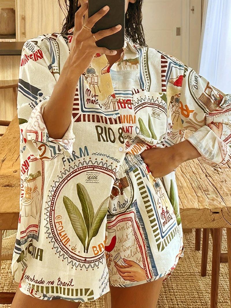 Product Introduction of Women's All Over Print Button Front Blouse & Drawstring Waist Shorts Two-Piece Set, Boho Casual Drop Shoulder Long Sleeve Top & High Waist Shorts for Summer, Ladies Clothes for Vacation Holiday 3