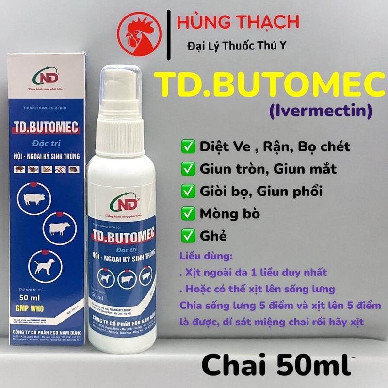 TD Butomec chai xịt (50ml) diệt ve, rận, bọ chét, giun đũa, giun tròn, giun phổi, mòng, ghẻ trên chó, mèo, trâu, bò, heo. Tác dụng kéo dài