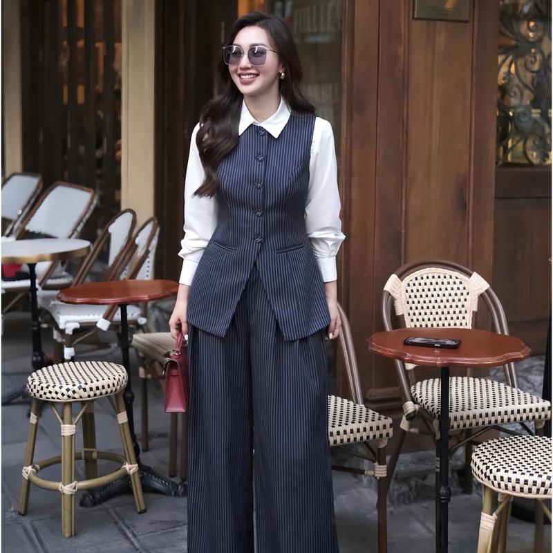 Sét Thiết Kế Công Sở: Hà Anh áo gile kẻ công sở dài tay phối quần Nữ G57 - Nữ