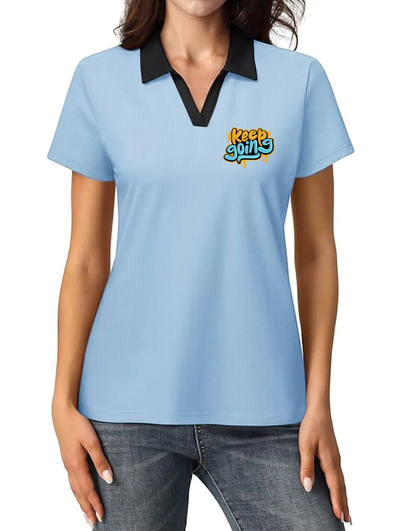 Women's Cartoon Graphic Print Polo Shirt, Casual Short Sleeve Collared Top for Summer, Ladies Clothes for Daily Wear