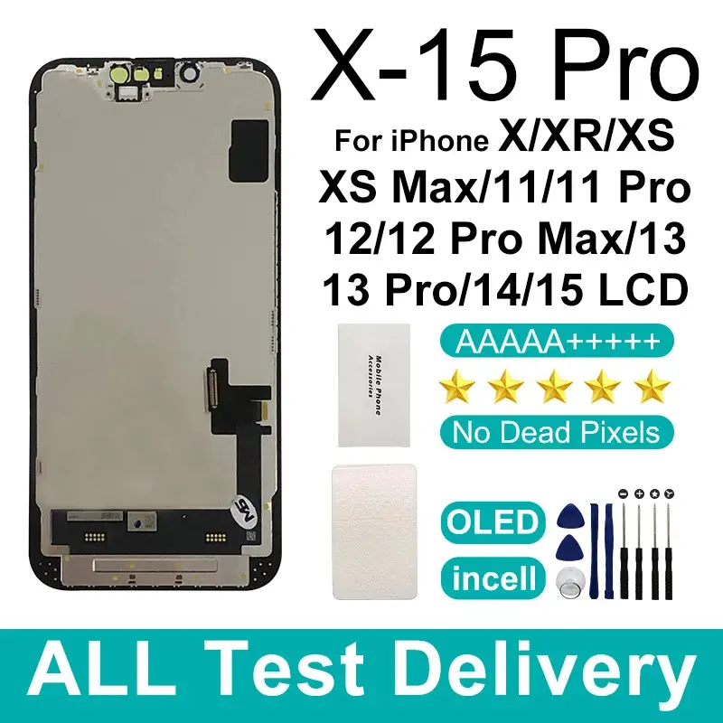 Digitizer LCD, AAA +++ + OLED, untuk iPhone 13 Pro Max, LCD 12 mini, 13, skrin sentuh Incell, Serasi dengan iPhone 12 Pro Max, 14 plus, 15 pro, LCD X