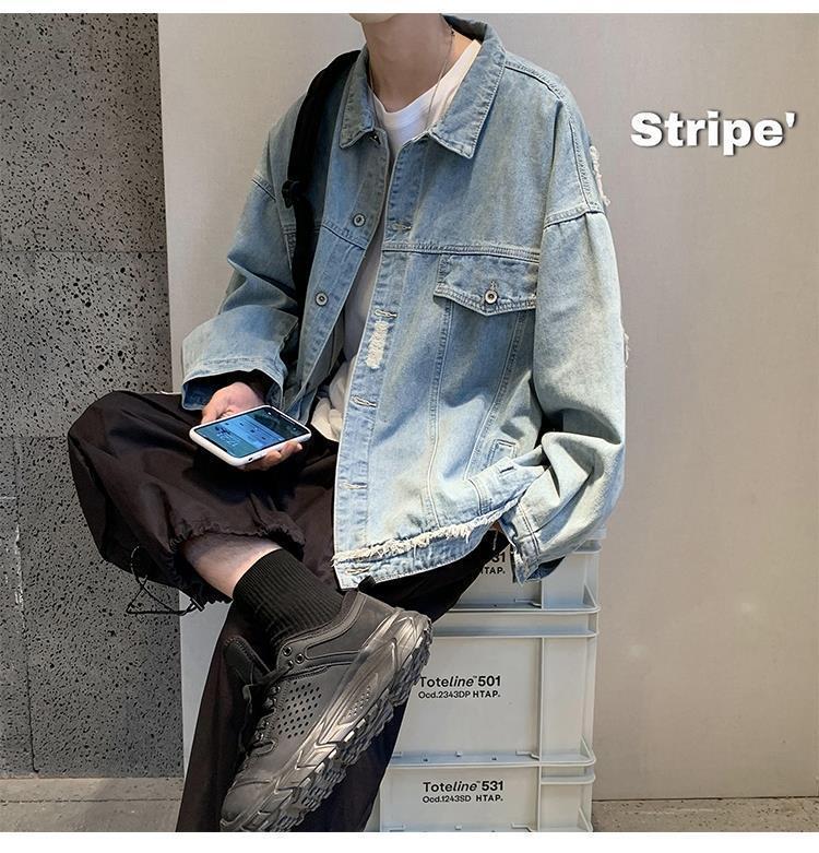 Product Introduction of Áo Khoác Denim Rách, Phong Cách Hồng Kông, Dành Cho Nam Giới, Phong Cách Hàn Quốc, Áo Khoác Dáng Rộng Hợp Xu hướng, Thanh Niên Nghệ Thuật, Đẹp Trai, Thích Hợp Cho Học Sinh, Dễ Phối Đồ, Dép, Thích Hợp Cho Mùa Xuân Và Mùa Thu 10