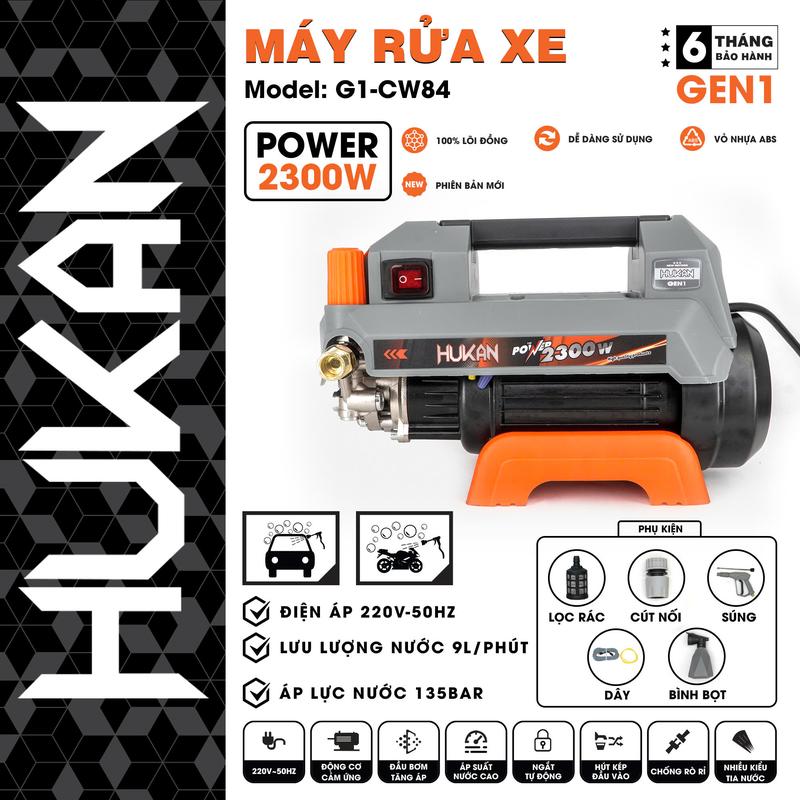MÁY RỬA XE ĐIỆN - CÓ CHỈNH ÁP Hukan G1-CW84 Điện áp : 220V, 50-60Hz Công suất: 2300W Áp lực: 135BAR Lưu lượng: 9 lít/phút