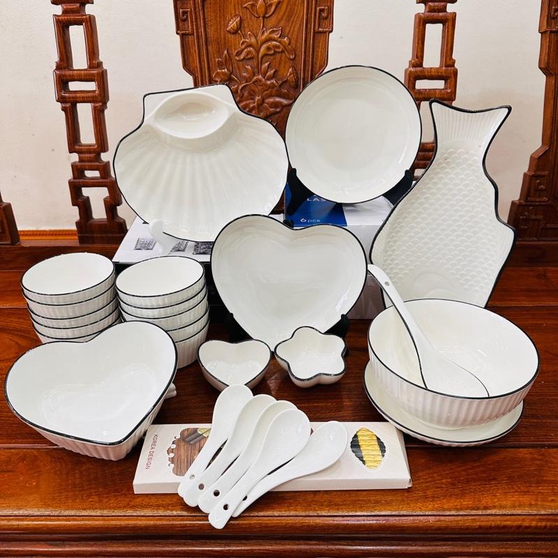 (Oss) combo bộ bát cơm sọc trắng viền đen bát cơm vuông gốm sứ cao câp.Tặng 1 muôi 4 thìa 10 đôi đũa khảm vàng.!2 chấm tròn đĩa cá.!thay ảnh 10h 15/3/25