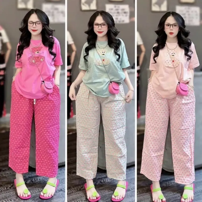 SÉT BỘ SUÔNG NỮ CARO THÊU GẤU NỔI 3 MÀU DỄ THƯƠNG FROM RỘNG THOẢI MÁI BIGSIZE Women Áo