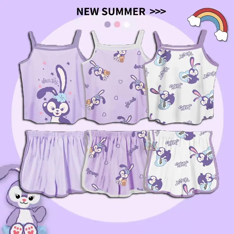 LNR Shop Setelan Pendek Tanpa Lengan Sanrio Stella Lou Linabell Kuromi Cinnamoroll My Melody Kartun untuk Anak Perempuan Set Musim Panas dengan Celana Pendek Girls Clothes Baju Kaos Tanktop Santai Rumahan Adem Lembut Peekaboo Bunga Bunga