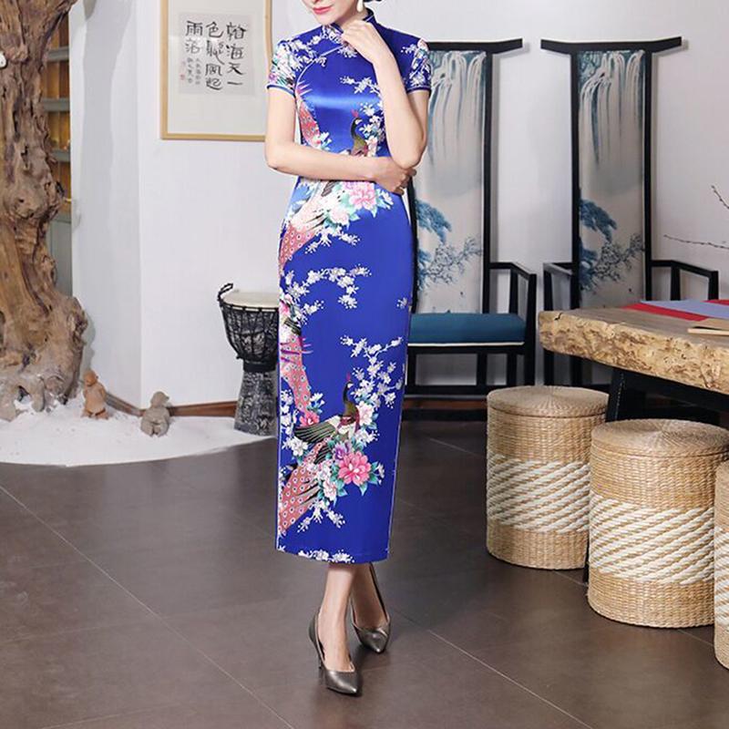 Euyuxan-Váy Phong Cách Quốc Gia Trung Quốc Cho Nữ, In Hoa, Cổ Đứng, Tay Áo Ngắn, Xẻ Tà Bên Cao, Nút Thắt Nút Trung Quốc, Sườn Xám, Satin, Mượt Mà, Vừa Vặn, Mùa Hè, Mùa Xuân, Qipao 5