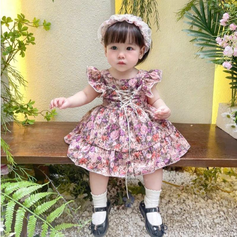 Váy Lolita Hoa Cổ Điển Chất Thô Cotton Kèm Tuban Và Chip 5-17 Kg,Váy Cho Bé Gái Đầy Tháng Sinh Nhật Dự Tiệc