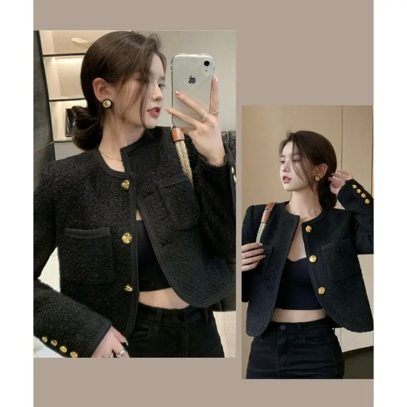 JODEHSHOP Áo khoác dạ Tweed đen dáng ngắn dệt kim khuy mạ đồng phong cách tiểu thư sang chảnh MOFS SP21