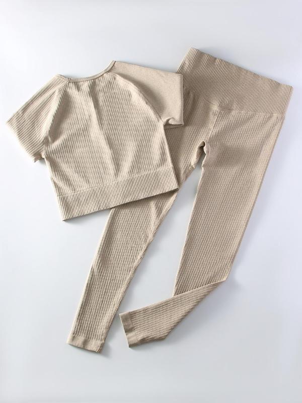 Two-Piece Set Women's Solid Ribbed Long Sleeve Crop Top & Wide Waistband Leggings Tracksuit Set, Sporty Breathable Outfits Co-ord Chav Set, Soft Comfy Tracksuit for Summer 3