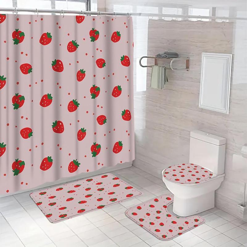 Strawberry Pattern Bathroom Set, 1 Count Shower Curtain Or 4 Counts Shower Curtain & Toilet Cover & Bathroom Mat, Bathroom Accessories for Home Dormitory Hotel Decor 5