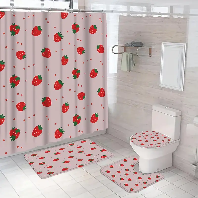 Strawberry Pattern Bathroom Set, 1 Count Shower Curtain Or 4 Counts Shower Curtain & Toilet Cover & Bathroom Mat, Bathroom Accessories for Home Dormitory Hotel Decor 5