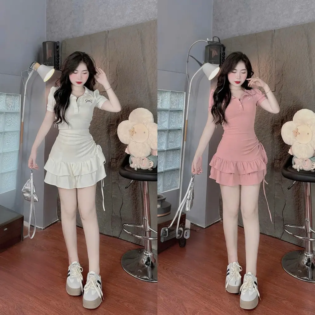 Đầm Cổ Bẻ Ngắn Tay Dáng Ôm Body Rút Dây Eo Điệu Đà đỏ hồng khỏe mạnh Nữ Dress Women Nhung đầm  body  nữ  tôn  dáng