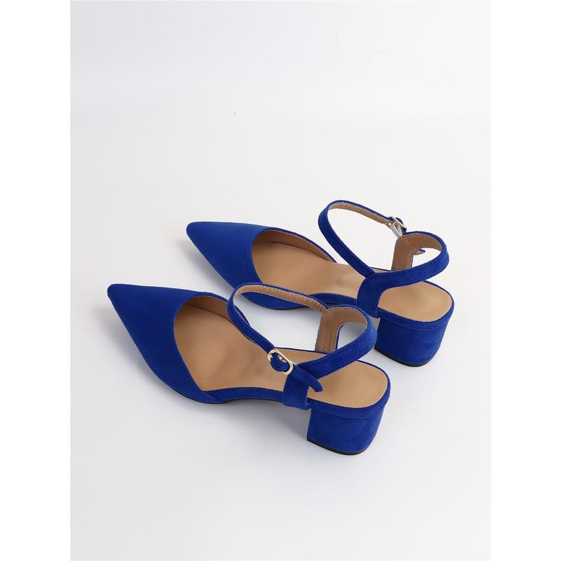 Buckle Decor Point Toe Chunky Heeled Ankle Strap Faux Suede Pumps 1