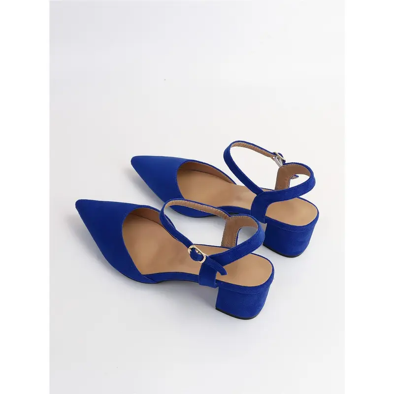 Buckle Decor Point Toe Chunky Heeled Ankle Strap Faux Suede Pumps 1