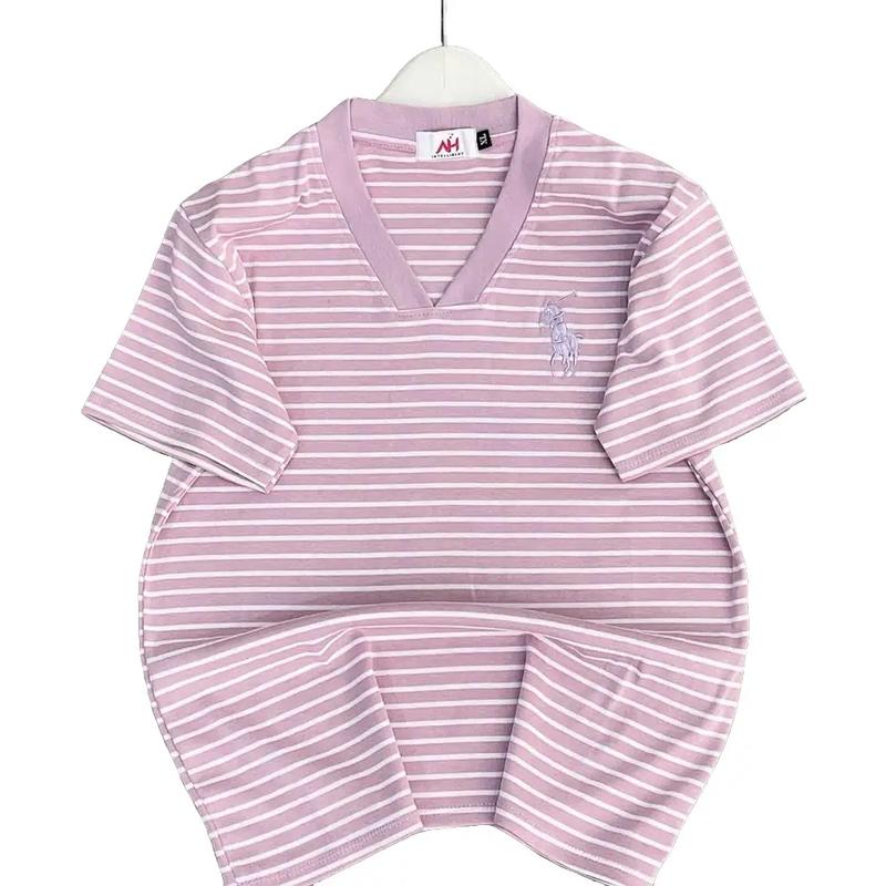 Áo Thun Nữ Sọc Thêu Ngựa Cổ Tim, 40-65kg vừa, chất borrip QC co giãn mặc mát 0