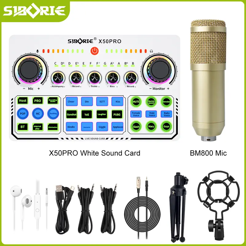 [SIBORIE] Bộ Mic Thu Âm Soundcard X50 PRO + BM800 GOLD: Tai Nghe, Dây Sạc & Các Hiệu Ứng Âm Thanh 1