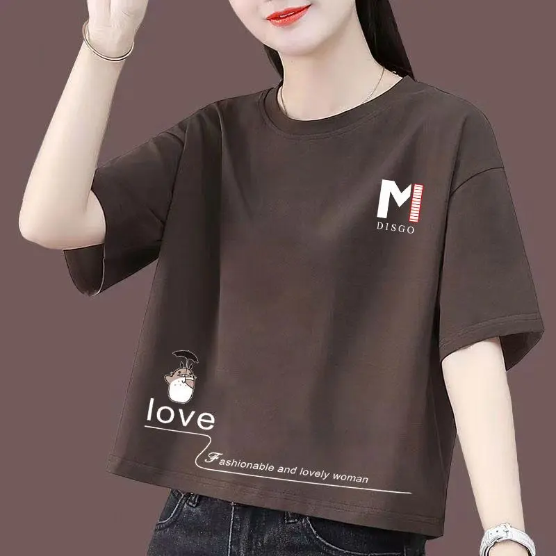 Áo Thun Ngắn, 100% Cotton, Dành Cho Nữ, Phong Cách Hàn Quốc, Dáng Rộng Vừa Vặn, Thiết Kế Ngủ Ngắn, Hàng Mới Về 2024, Áo Thun Cạp Cao, Top, Cổ Tròn Women