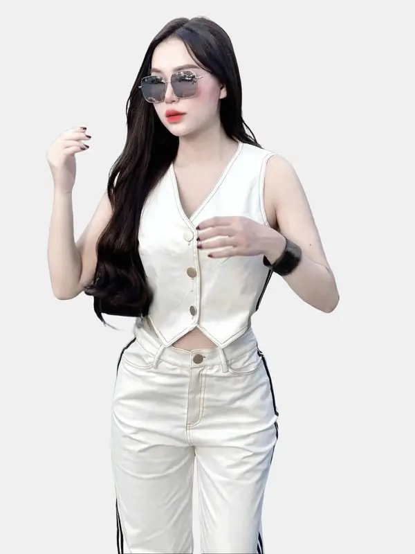 Sét Áo Sơ Mi Nữ GiLe Nữ Áo Sát Nách Quần Suông KaKi Màu Trắng,Quần Nữ Dáng Dài Sang Chảnh,Đi Chơi.Đi Làm,Dạo Phố S066 setáocroptopquầnsuông nơ set bộ ống Women Ong 2
