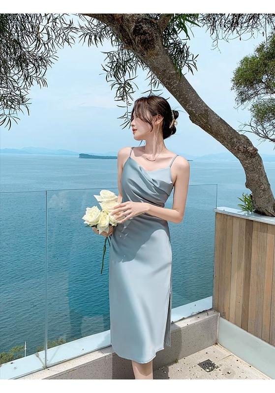 Product Introduction of D2829-French blue suspender dress, women's summer satin texture, high-end feeling, slim fit temperament, design sense, unique dress 15