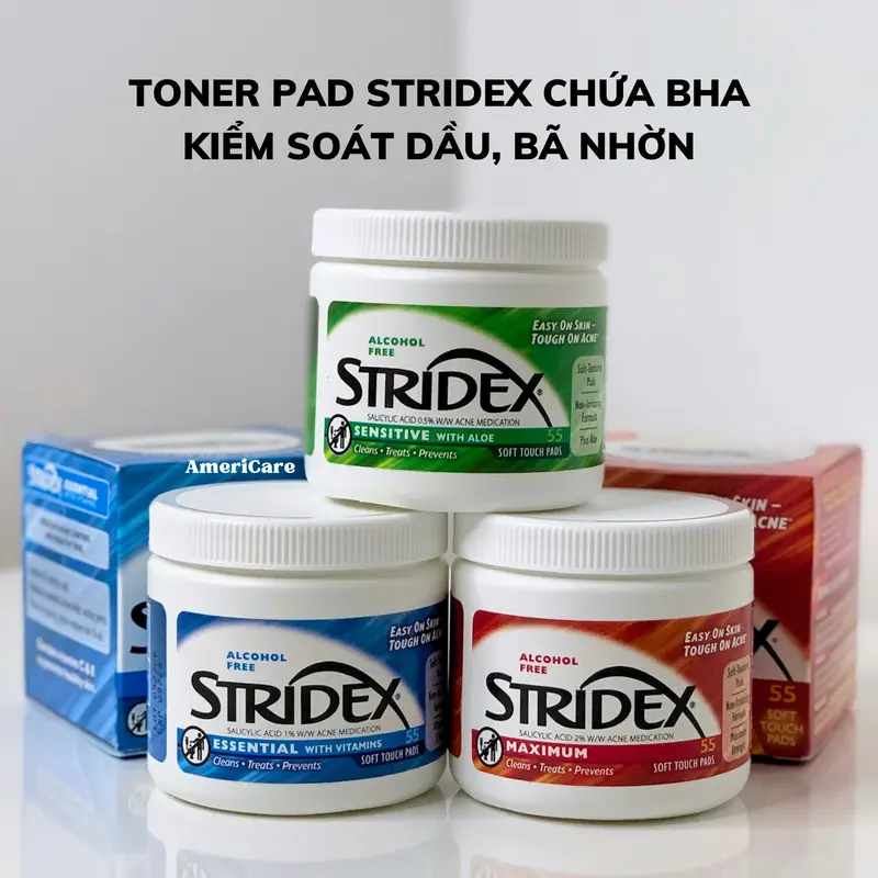 Miếng lau toner pad Stridex chứa BHA, giảm mụn viêm, đầu đen, sợi bã nhờn, cải thiện kết cấu da BHA 0.5%-1%-2%, Americarevn, Bill Mỹ chính hãng 1