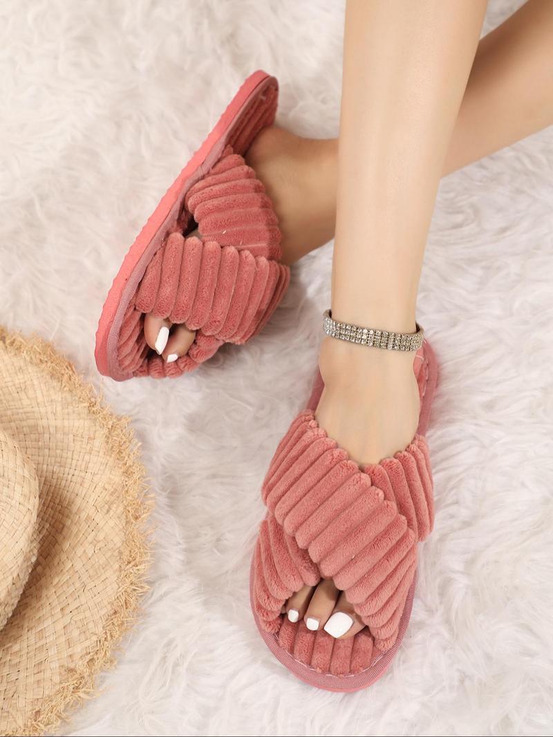 Product Introduction of Women's Solid Color Criss Cross Design Plush Slippers, 2024 New Style Casual Soft Comfortable Home Slippers, Warm Slippers for Indoor & Outdoor Use for Fall & Winter 14
