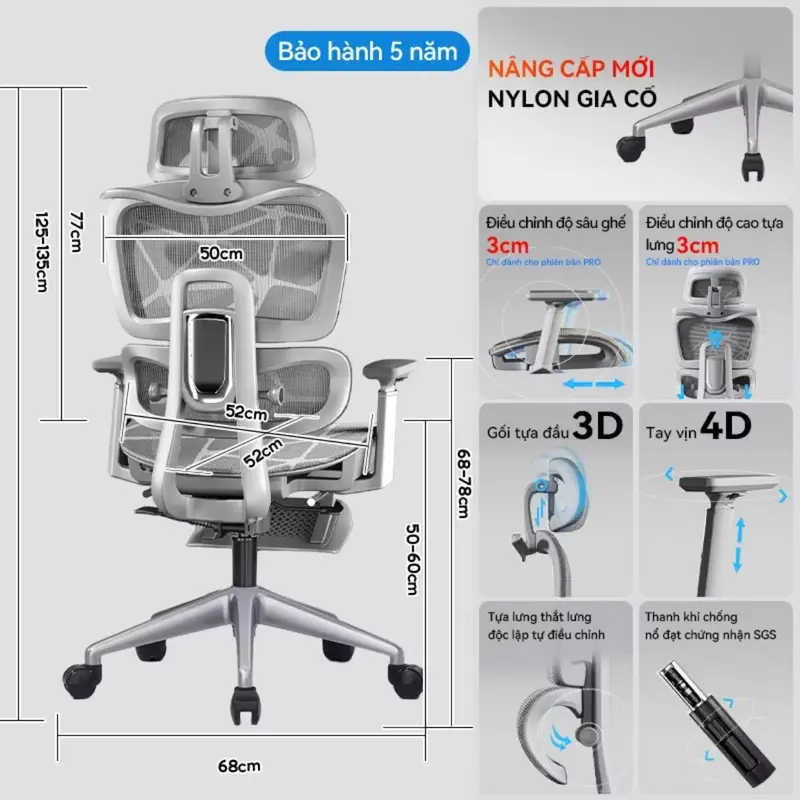 [Ghế CTH900]_ Ghế công thái học cth900 full lưới tích hợp gác chân ngả lưng 135độ - ghế làm việc, học tập.{BH 12 tháng} 4