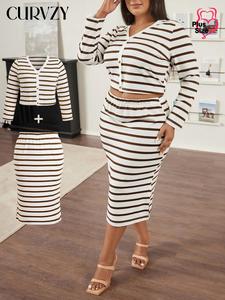 CURVZY Plus Size Outfits Striped Print Button Front Crop Tee & Split Hem Skirt Two-Piece Set, Casual Long Sleeve V Neck Top & High Waist Skirt for Daily Wear, Women's Two-piece Outfits for Spring & Fall