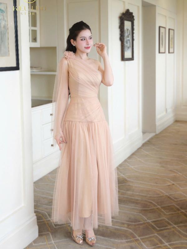 [Kiều Linh]-Váy Maxi Dự Tiệc Thiết Kế Lệch Vai KL281 chất liệu Lưới cao cấp, 2 Lớp Lót, Giấu Đường May, kết Hoa vai 6