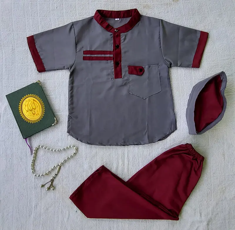 setelan baju koko anak laki-laki lengan pendek Katun Polos Kancing Muslim Peci Turki Kurta Nyaman 6