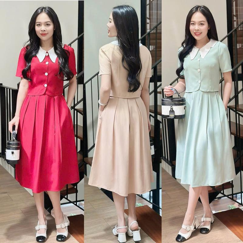 Set bộ áo phối cổ trắng nút rời, chân váy xếp ly có dây kéo hông, có túi - GR0330 (Hình thật shop chụp)