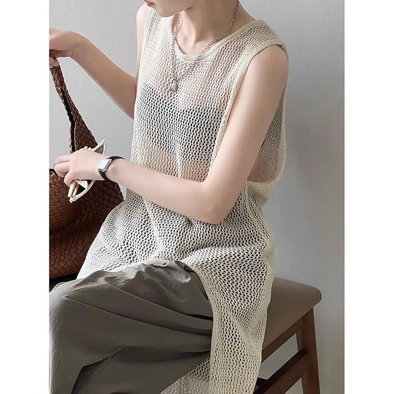 Áo Cánh Khoét Lỗ Phong Cách Hàn Quốc, Thanh Lịch Và Độc Đáo Cổ Điển, Phong Cách Lười Biếng, Dệt Kim, Không Tay, Dài Trung Bình Thích Hợp Cho Mùa Xuân Và Mùa Hè, Hàng Mới Về Năm 2025