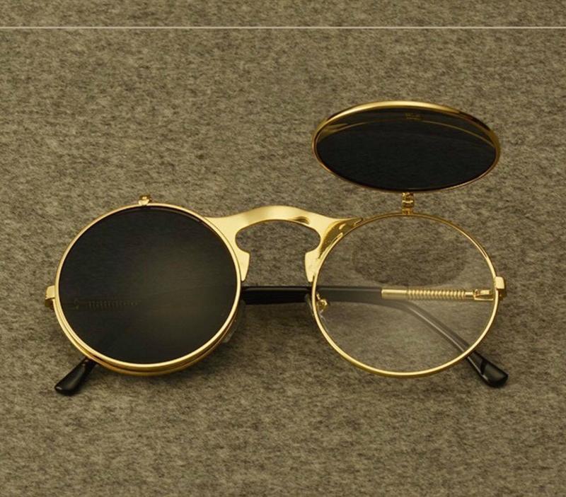 Kính râm Mắt tròn thầy bói 2 lớp lật nắp gọng kim loại lò xo