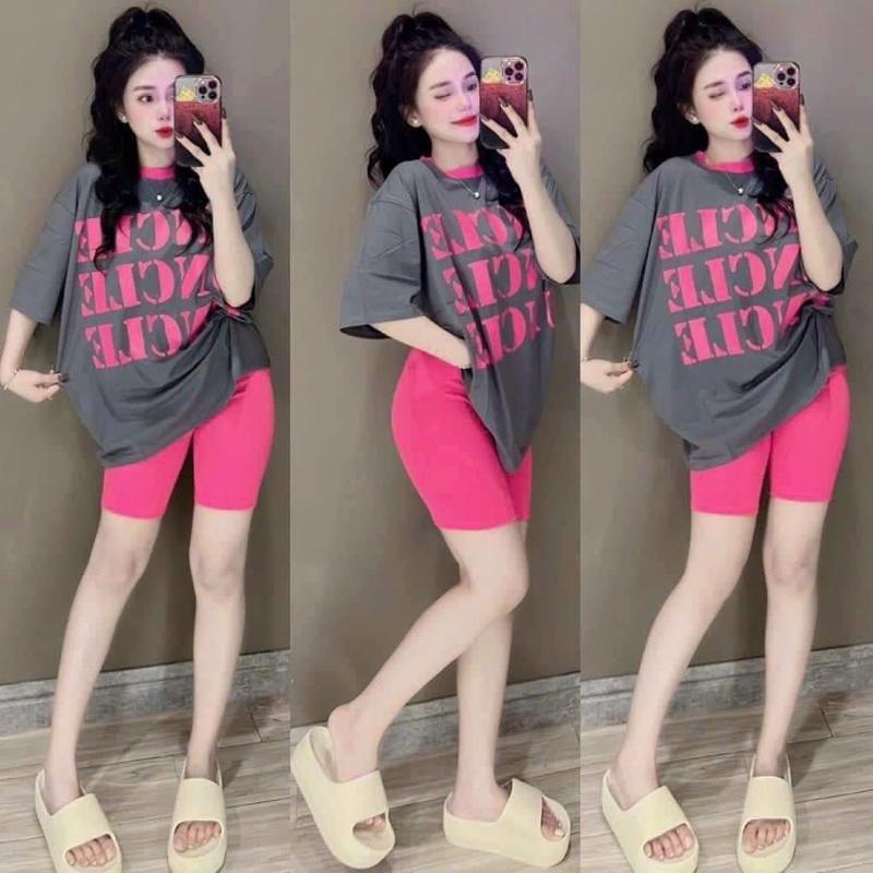 Đồ bộ lửng ngố thun gân kèm áo thun cotton form rộng Nữ Women Top Kem Quần Tim Voi 2