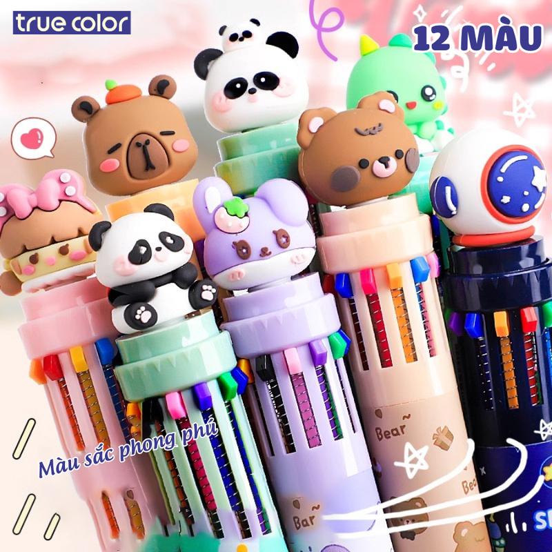 Bút bi bấm 12 màu, bút bi màu, bút đánh dấu - Bút viết nhiều ngòi màu thiết kế hoạt hình dễ thương bằng silicon, ngòi 0.5mm mực viết trơn đều chữ đẹp, làm quà tặng cho học sinh bút highlight đen bút mực but tieu doraemon bút