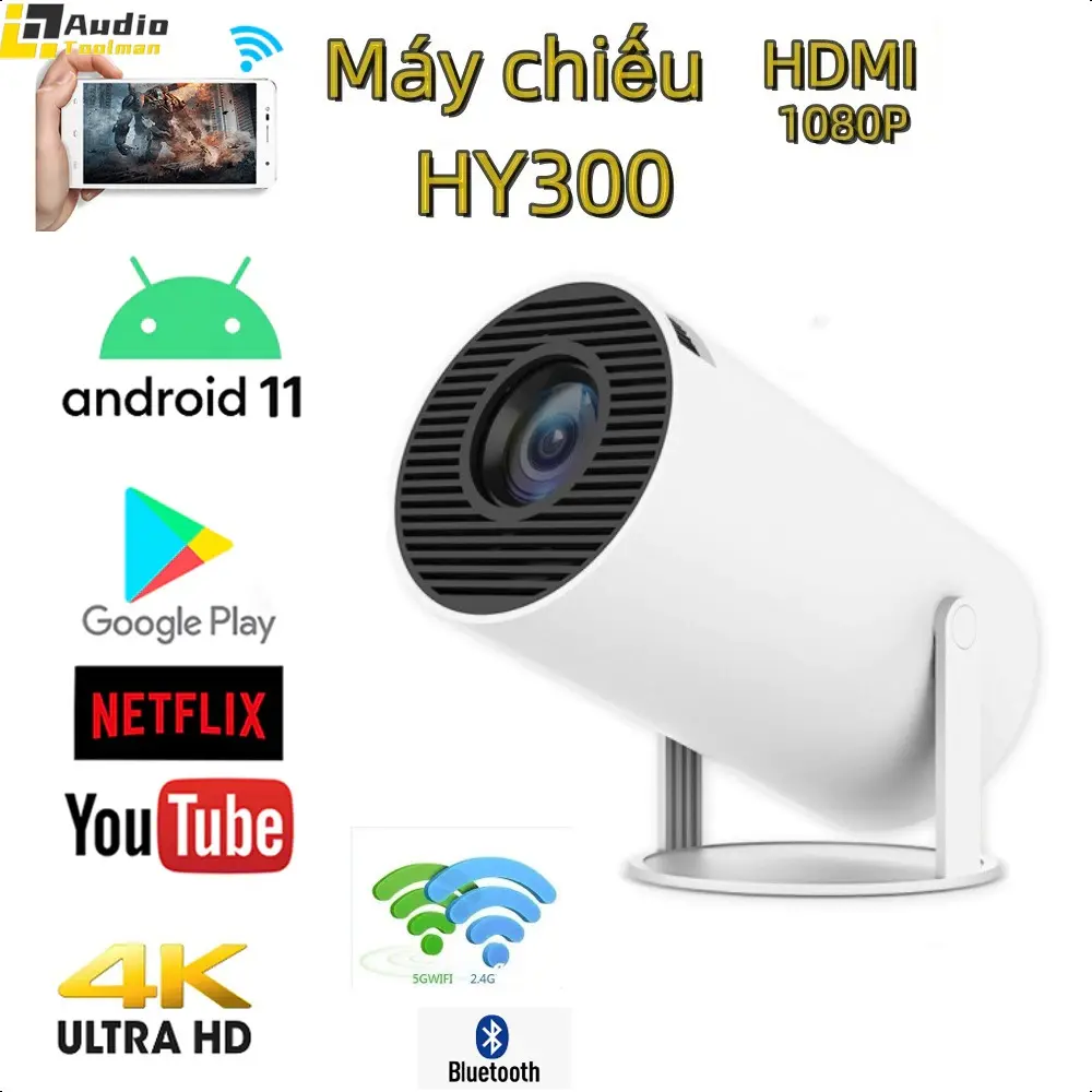 Máy chiếu HY300 4K Android 11 WiFi6 Double 260Si Allwinner BT5.0 1080P 1280*720p rạp chiếu phim ngoài trời gia