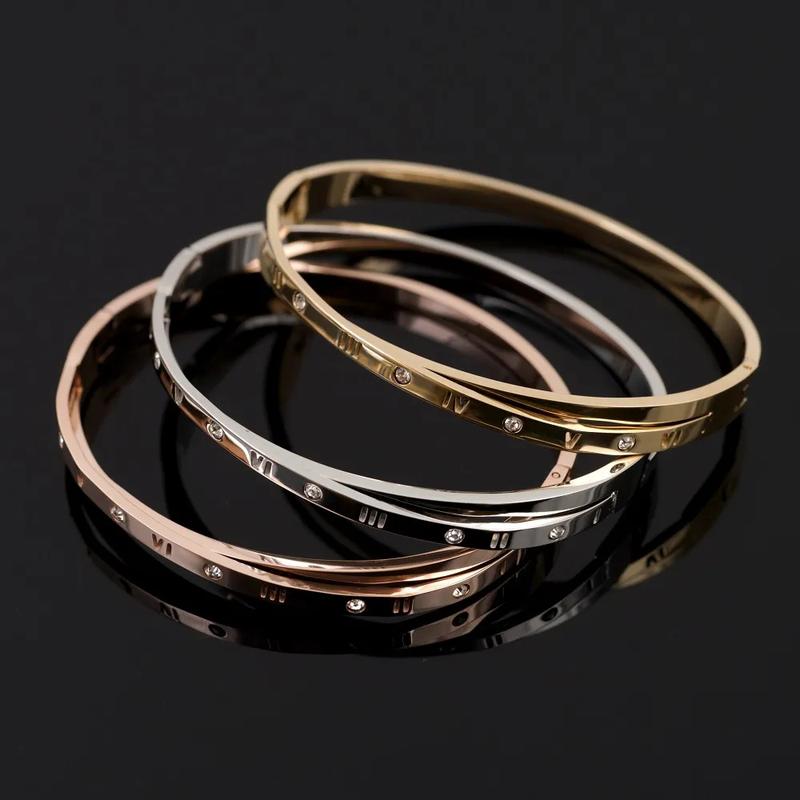 Product Introduction of Yuki's Fashion Roman Numerals Design Bangles Bracelets Cross Crystal Stainless Steel Bracelet For Women Men Luxury Jewelry Gifts 10