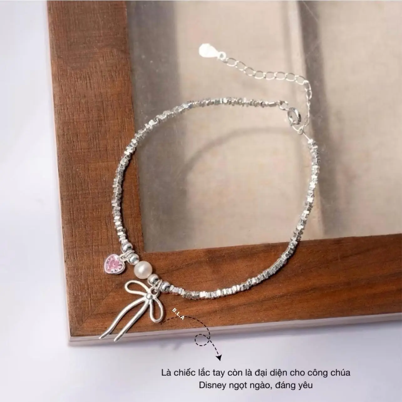 Lắc tay bạc mix charm nơ và tim hồng thiết kế không han gỉ GLISTEN ( tặng kèm hộp xinh xắn)