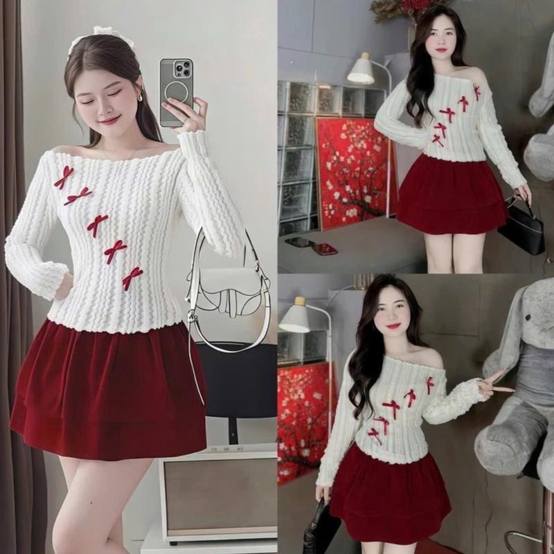  Mèo Mỡ Bigsize — Set bộ thời trang nữ thu đông áo len lệch vai đính nơ kèm chân váy nhung bí xoè bigsize nữ trên gối 60-90kg Women 