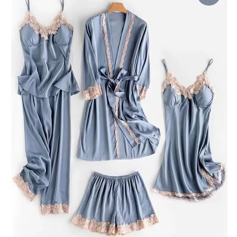 New 2023 Women's Pajamas Ice Silk Thin Five-piece Set Sexy Camisole Nightgown Plus Size Loose Robe with Chest Pads Home Clothing