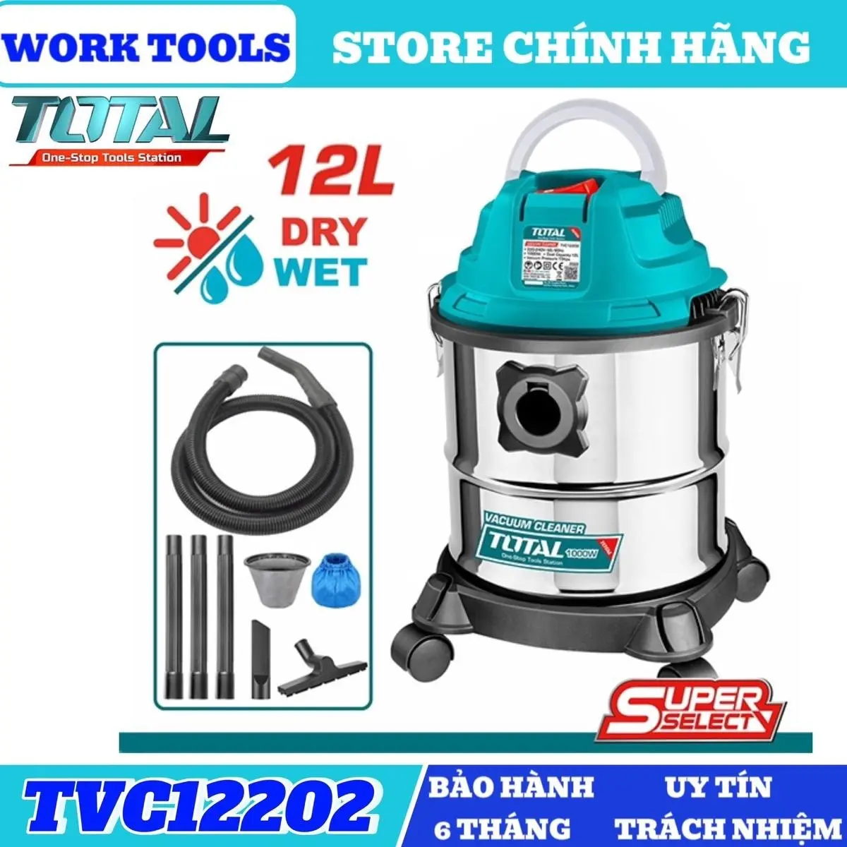 Máy Hút Bụi TOTAL 12L TVC12202 CÔNG SUẤT 1000W, Hút Khô Ướt Và Khô Làm Sạch