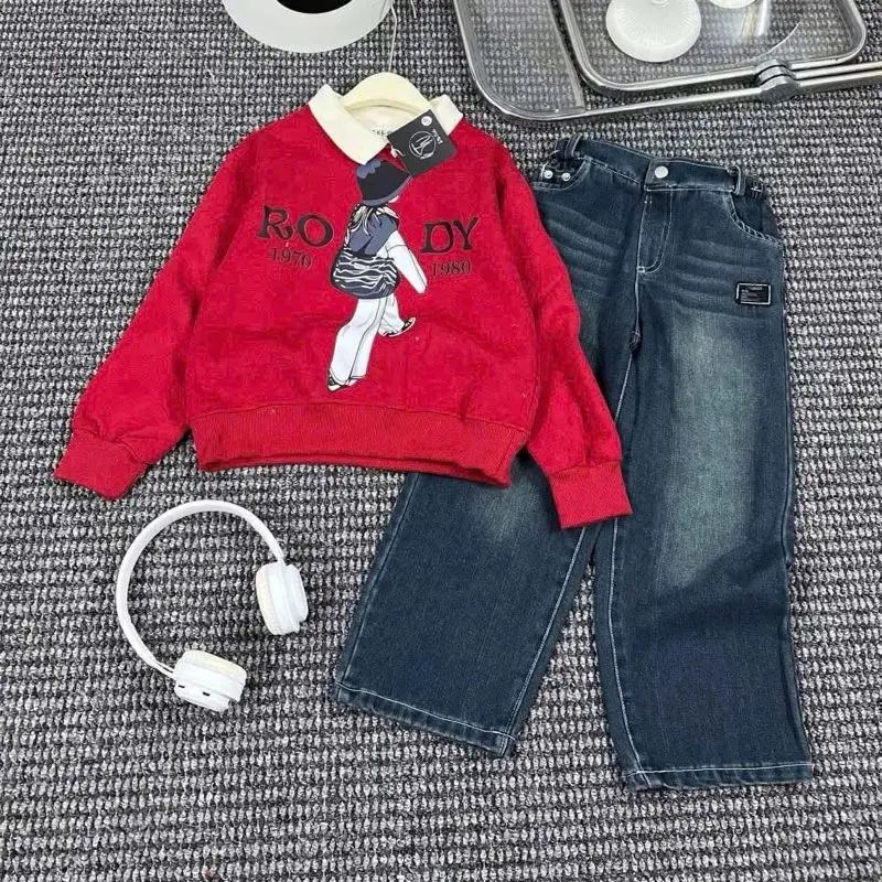 (23-52kg)Sét quần suông jean áo polo tay dài siêu xinh cho bé